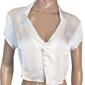 Dynamite Satin Crop Top Short Sleeve Vneck Collared Blouse Womens Large White